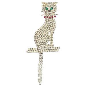 1980 Rhinestone Cat Silver Tone Brooch Green Eyes Red Collar Dangle Tail Vintage